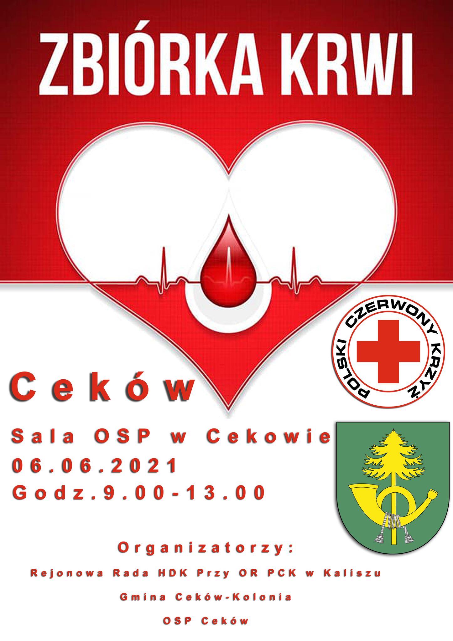 Plakat informacyjny - zniórka krwi przy OSP Ceków w niedzielę 6 czerwca